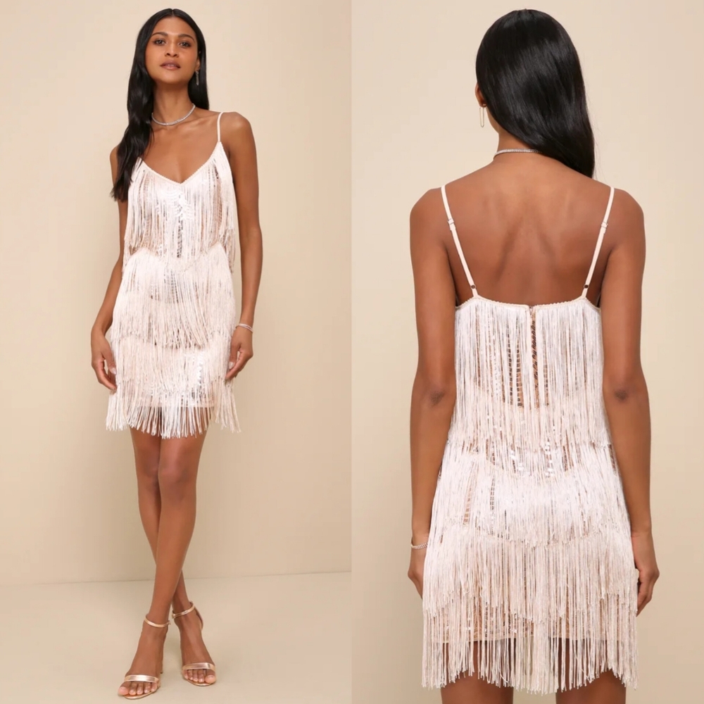 Lulus Get in the Groove Champagne Sequin Fringe Bodycon Dress S Wedding Party
